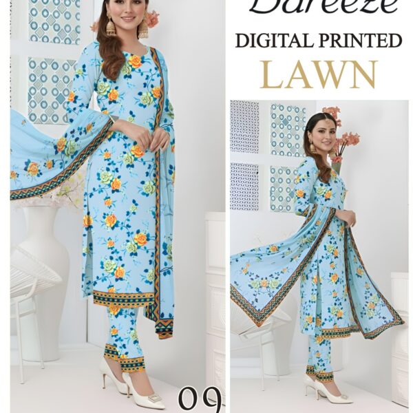 Vol-05 Bareeze Brand Digital Printed Lawn Fabrics 3pc Dresses - Women Wear Design No. 9