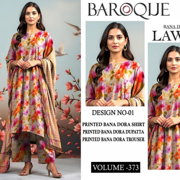 Vol-373 Baroque Digital Printed Bana Dora Lawn 3pc Dresses - Women Wear Design No. 1