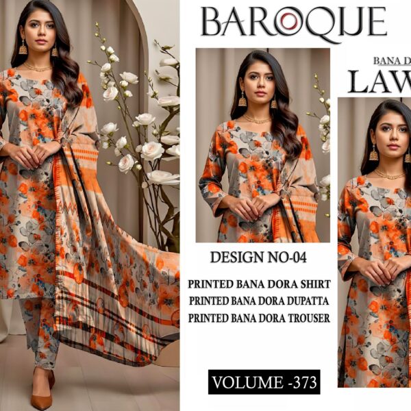 Vol-373 Baroque Digital Printed Bana Dora Lawn 3pc Dresses - Women Wear Design No. 4