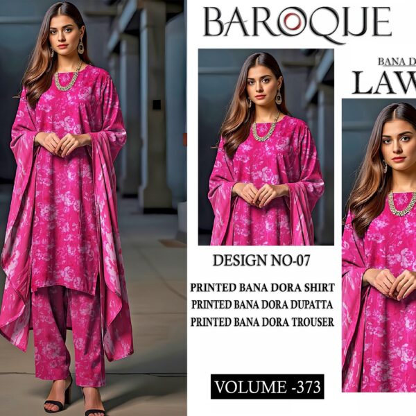Vol-373 Baroque Digital Printed Bana Dora Lawn 3pc Dresses - Women Wear Design No. 7
