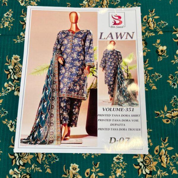 Vol-351 Bin Saeed Printed Tana Dora Lawn 3pc Dresses - Women Wear Design No. 7