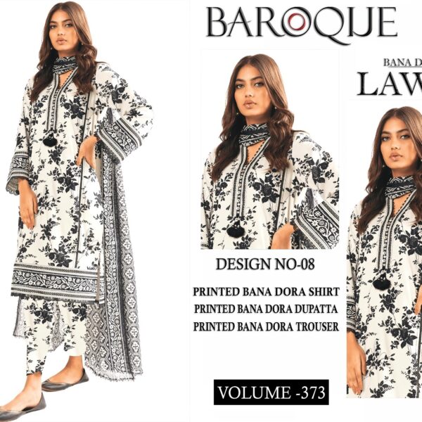 Vol-373 Baroque Digital Printed Bana Dora Lawn 3pc Dresses - Women Wear Design No. 8