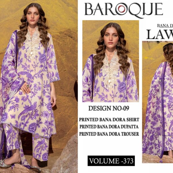 Vol-373 Baroque Digital Printed Bana Dora Lawn 3pc Dresses - Women Wear Design No. 9