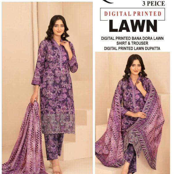 Vol-13 Baroque Digital Printed Bana Dora Lawn 3pc Dresses- Women Wear Design No. 6