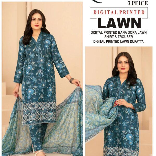 Vol-13 Baroque Digital Printed Bana Dora Lawn 3pc Dresses- Women Wear Design No. 9