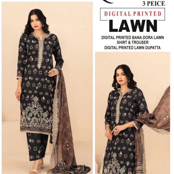 Vol-13 Baroque Digital Printed Bana Dora Lawn 3pc Dresses- Women Wear Design No. 1