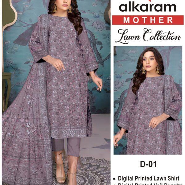 Vol-10 Alkaram Brand Digital Printed Lawn 3pc Dresses - Mother Collection Design No. 1