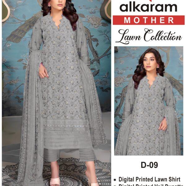 Vol-10 Alkaram Brand Digital Printed Lawn 3pc Dresses - Mother Collection Design No. 9